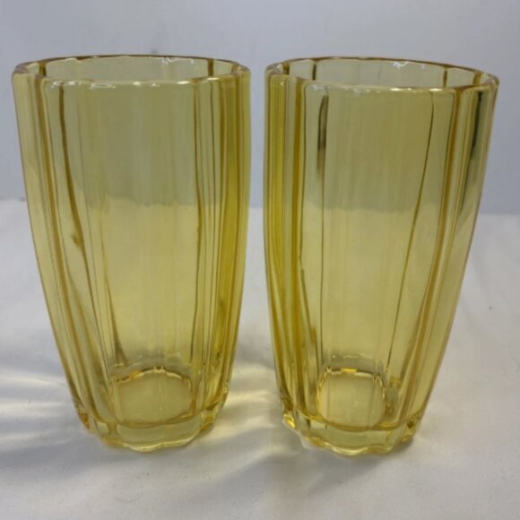 Unbrand Other - Scalloped 12oz Yellow Glass Tumblers Set of 2 Drinking Glasses 5.5'' Tall
